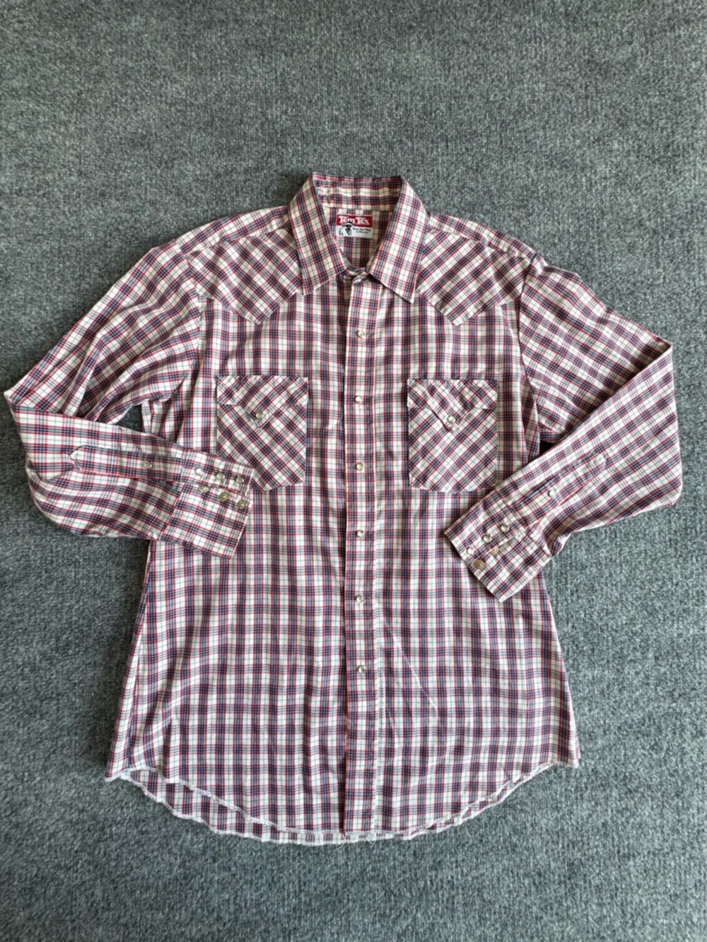 Vintage TEM TEX Plaid Western Shirt Pointed Yokes Red White Blue Size 16/34 XLT